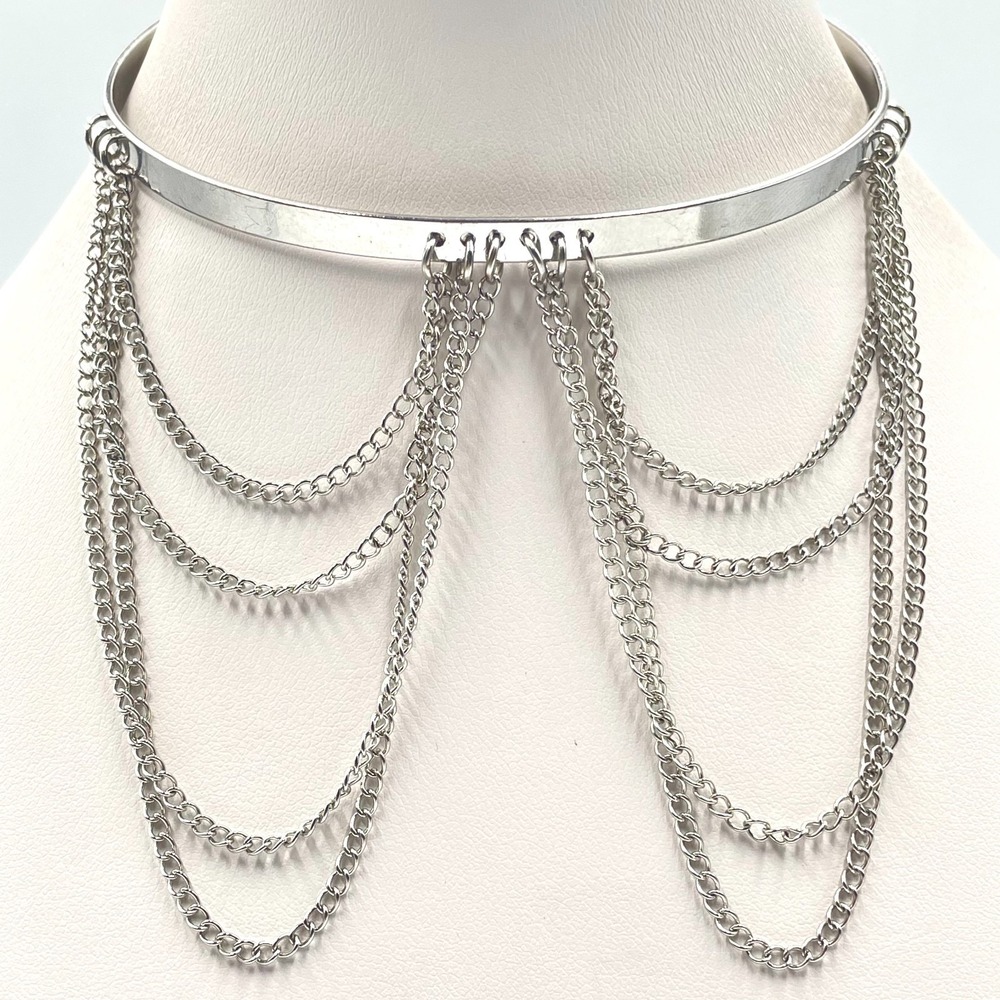 Vintage Y2K Silver Tone Multi Strand Draping Chain Torque Collar Choker Necklace